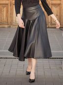 Leather Quilted Mid-Calf Full Skirt SKIRT Gracia Fashion BLACK S 