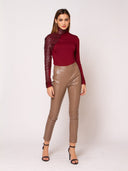 Leather Trimmed High Neck Top TOP Gracia Fashion 