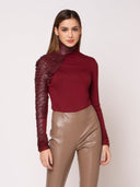 Leather Trimmed High Neck Top TOP Gracia Fashion BURGUNDY S 