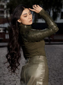 Leather Trimmed High Neck Top TOP Gracia Fashion OLIVE S 