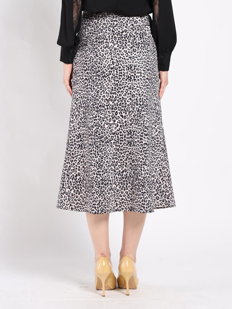 Leopard Print Suede Midi A-Line Skirt SKIRT Gracia Fashion 