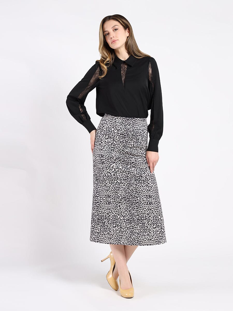 Leopard Print Suede Midi A-Line Skirt SKIRT Gracia Fashion 