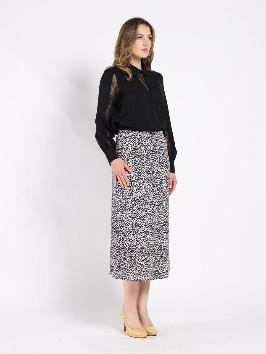 Leopard Print Suede Midi A-Line Skirt SKIRT Gracia Fashion 