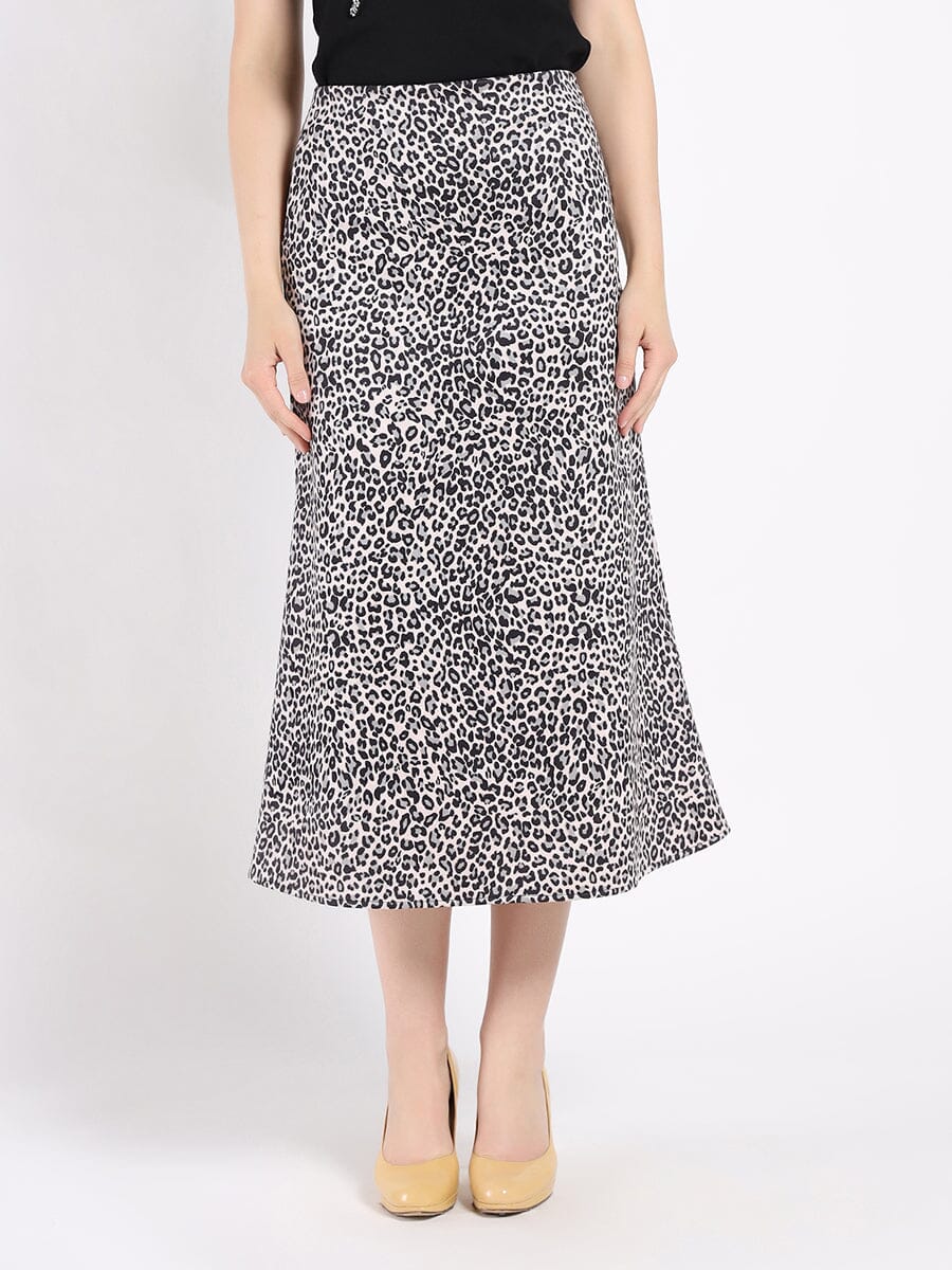 Leopard Print Suede Midi A-Line Skirt SKIRT Gracia Fashion BEIGE S 