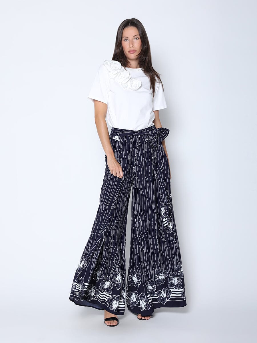 Lines and Flower Print Flare Pants with Waist Bow PANTS Gracia Fashion NAVY S 