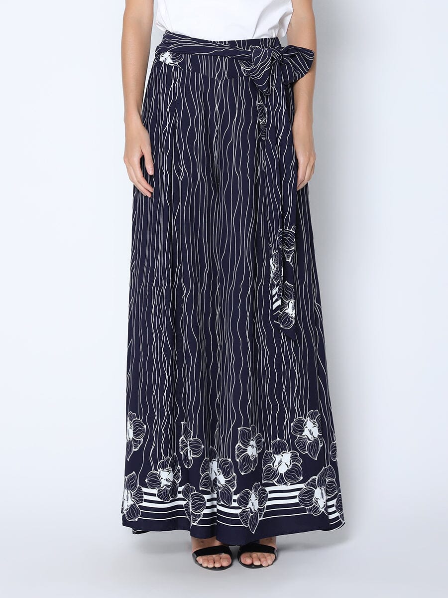 Lines and Flower Print Flare Pants with Waist Bow PANTS Gracia Fashion NAVY S 