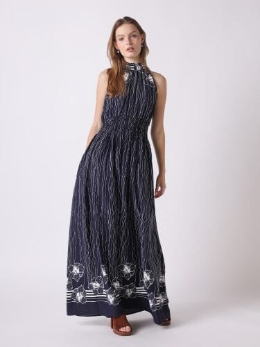 Lines&Flower Print Halter Neck Smocked Waist Dress DRESS Gracia Fashion NAVY S 