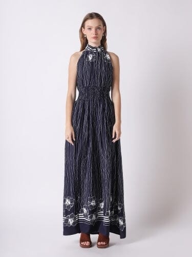 Lines&Flower Print Halter Neck Smocked Waist Dress DRESS Gracia Fashion NAVY S 