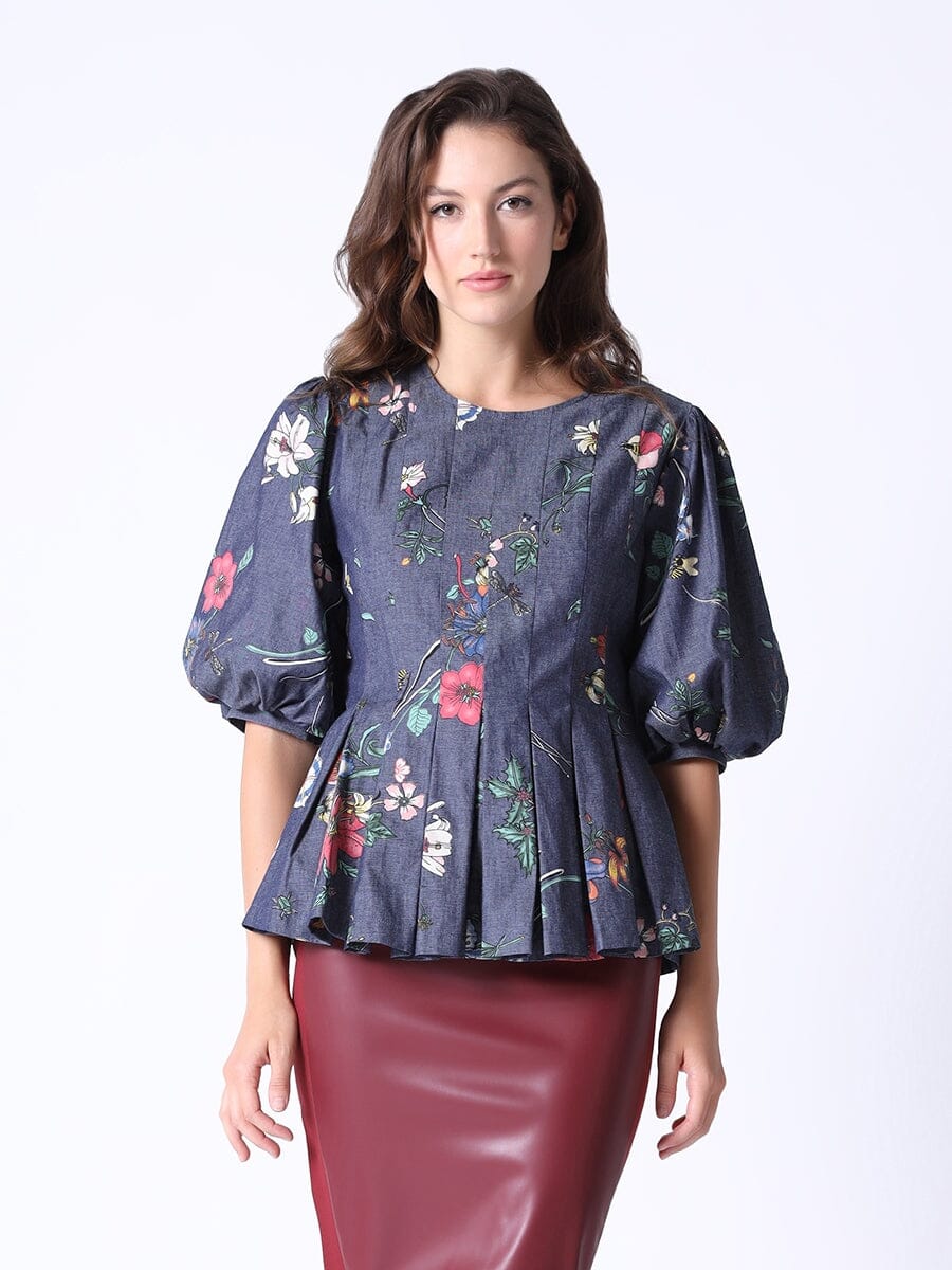 Lite Deniem Floral With Honey Bee and Pleates TOP Gracia Fashion BLUE S 