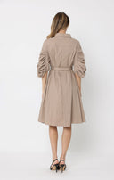 Long Button Down Belted Dress W/Ruched Puff Sleeve DRESS Gracia Fashion 