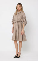 Long Button Down Belted Dress W/Ruched Puff Sleeve DRESS Gracia Fashion 