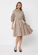 Long Button Down Belted Dress W/Ruched Puff Sleeve DRESS Gracia Fashion 