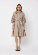 Long Button Down Belted Dress W/Ruched Puff Sleeve DRESS Gracia Fashion TAUPE S 