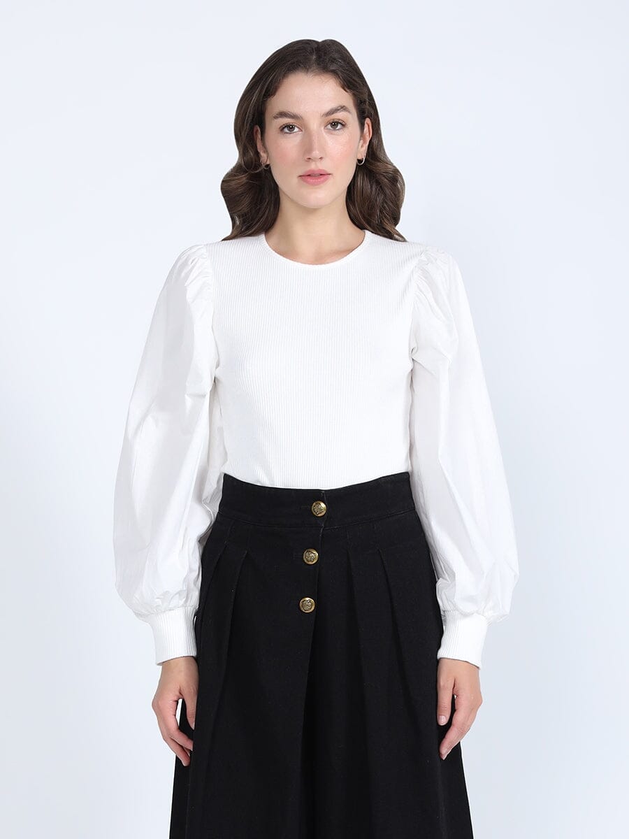 Long Cotton Puff Sleeve Rib Knit Top TOP Gracia Fashion WHITE S 