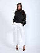 Long Eyelet Sleeve Solid Cotton Button Down Shirt TOP Gracia Fashion 