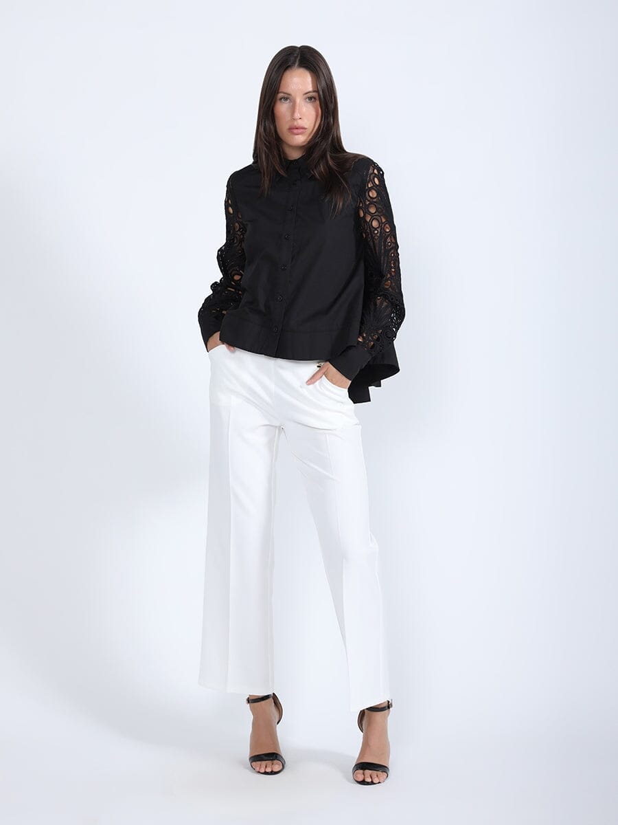 Long Eyelet Sleeve Solid Cotton Button Down Shirt TOP Gracia Fashion 
