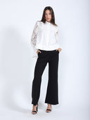 Long Eyelet Sleeve Solid Cotton Button Down Shirt TOP Gracia Fashion 