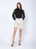 Long Eyelet Sleeve Solid Cotton Button Down Shirt TOP Gracia Fashion 