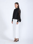 Long Eyelet Sleeve Solid Cotton Button Down Shirt TOP Gracia Fashion 