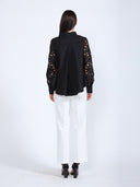 Long Eyelet Sleeve Solid Cotton Button Down Shirt TOP Gracia Fashion 