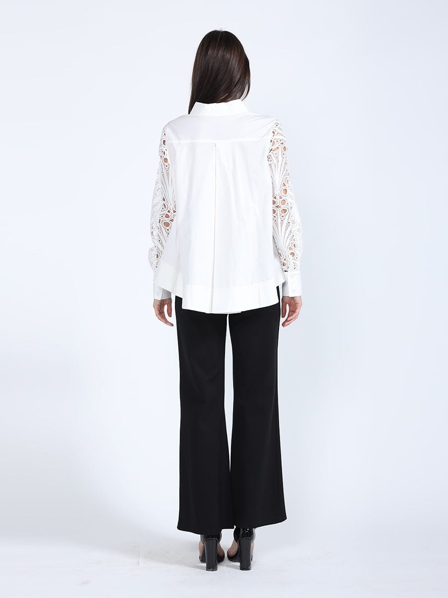 Long Eyelet Sleeve Solid Cotton Button Down Shirt TOP Gracia Fashion 