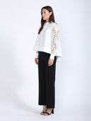 Long Eyelet Sleeve Solid Cotton Button Down Shirt TOP Gracia Fashion 