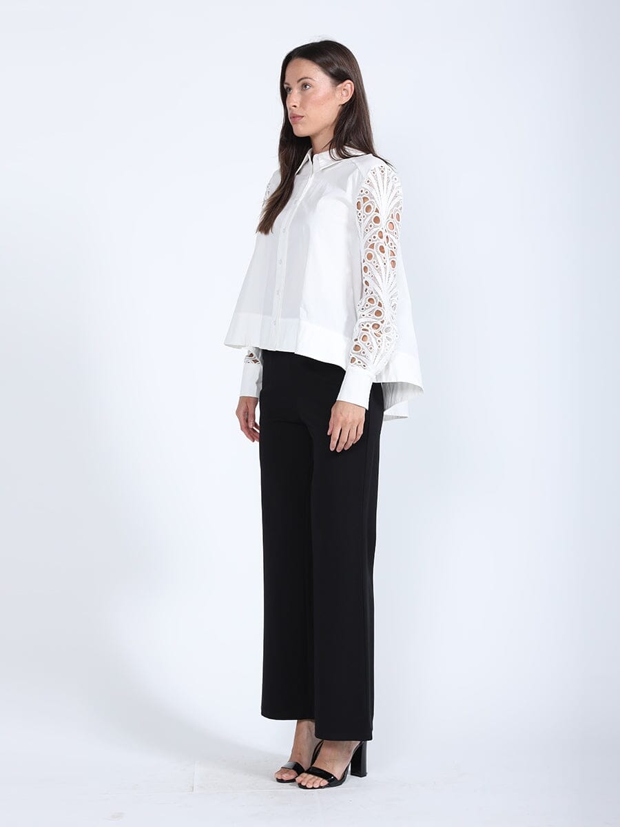 Long Eyelet Sleeve Solid Cotton Button Down Shirt TOP Gracia Fashion 