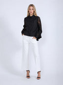 Long Eyelet Sleeve Solid Cotton Button Down Shirt TOP Gracia Fashion 