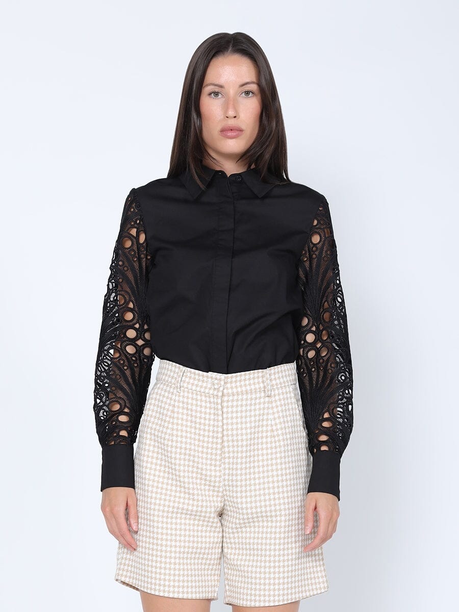 Long Eyelet Sleeve Solid Cotton Button Down Shirt TOP Gracia Fashion BLACK S 