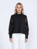 Long Eyelet Sleeve Solid Cotton Button Down Shirt TOP Gracia Fashion BLACK S 