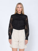 Long Eyelet Sleeve Solid Cotton Button Down Shirt TOP Gracia Fashion BLACK S 