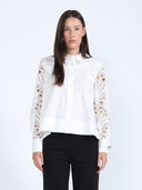 Long Eyelet Sleeve Solid Cotton Button Down Shirt TOP Gracia Fashion WHITE S 