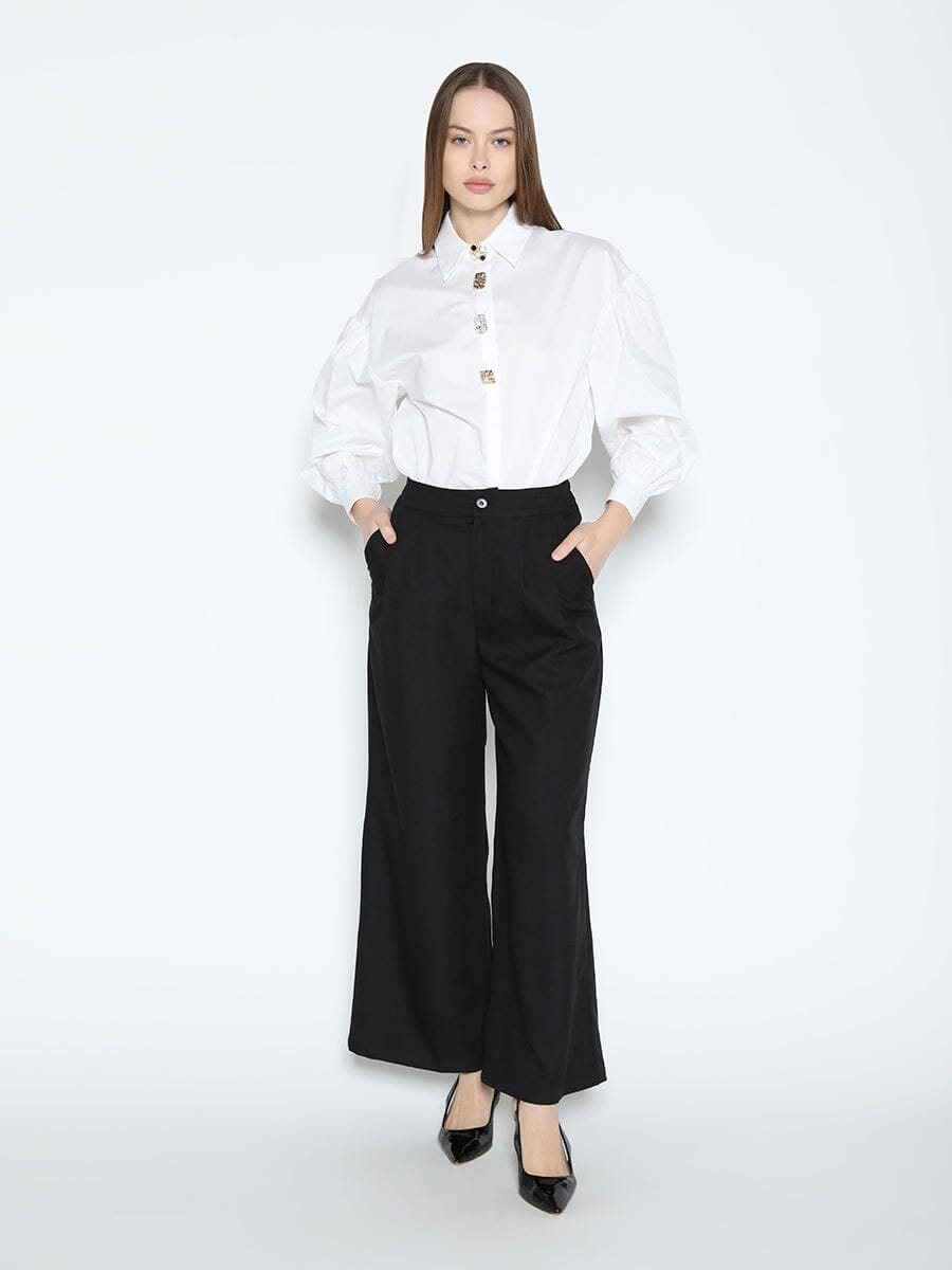 Long Puff Sleeve Button Detail Cotton Shirt TOP Gracia Fashion WHITE S 