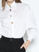 Long Puff Sleeve Button Detail Cotton Shirt TOP Gracia Fashion 