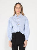 Long Puff Sleeve Button Detail Cotton Shirt TOP Gracia Fashion BLUE S 