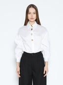 Long Puff Sleeve Button Detail Cotton Shirt TOP Gracia Fashion WHITE S 