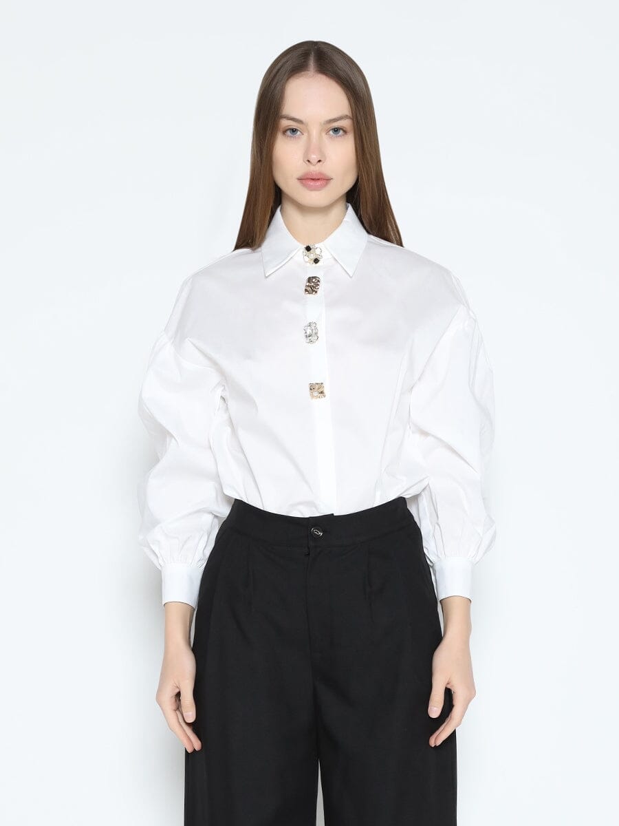 Long Puff Sleeve Button Detail Cotton Shirt TOP Gracia Fashion WHITE S 