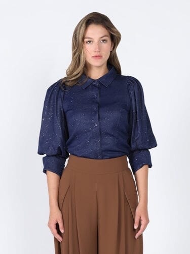 Long puffed sleeve front button open top TOP Gracia Fashion DARK BLUE S 