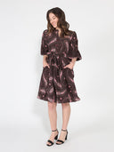 Long Puffed Sleeve Printed Belt Dress DRESS Gracia Fashion 