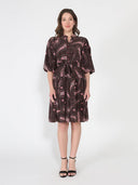 Long Puffed Sleeve Printed Belt Dress DRESS Gracia Fashion BROWN S 