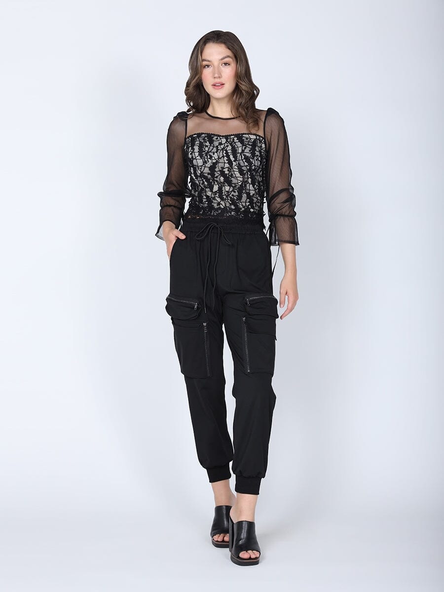 Long Sheer Sleeve Lace Smocked Sweetheart Top TOP Gracia Fashion BLACK S 