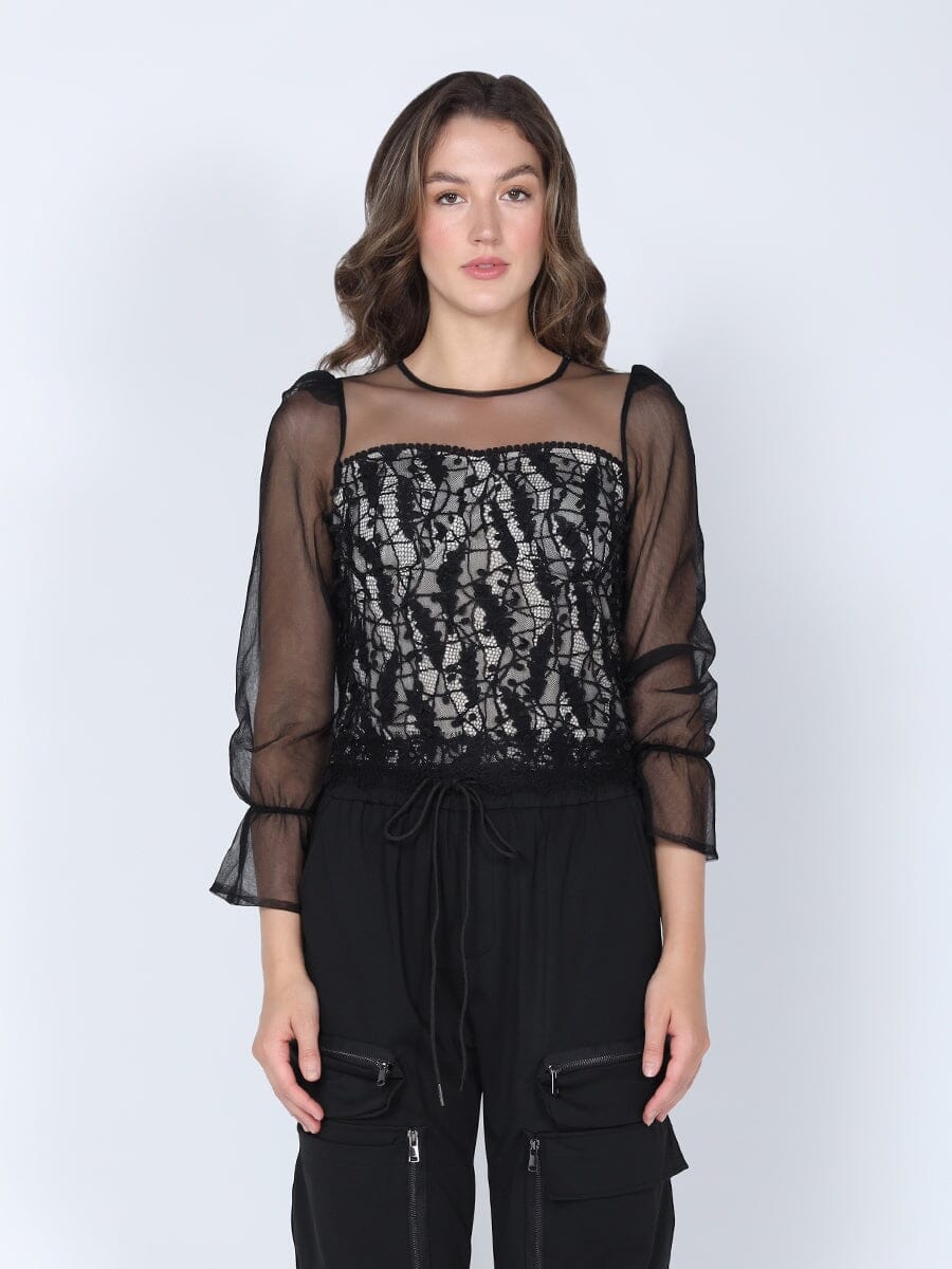 Long Sheer Sleeve Lace Smocked Sweetheart Top TOP Gracia Fashion BLACK S 