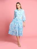 Long Sleeve Belted Smocked Cuffs Print Dress DRESS Gracia Fashion BLUE S 
