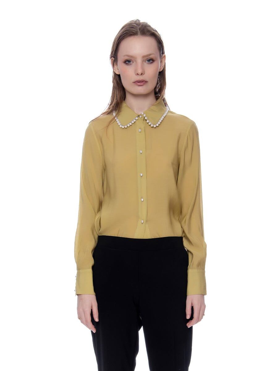 Long Sleeve Blouse With Pearl Collar TOP Gracia Fashion LIGHT OLIVE S 