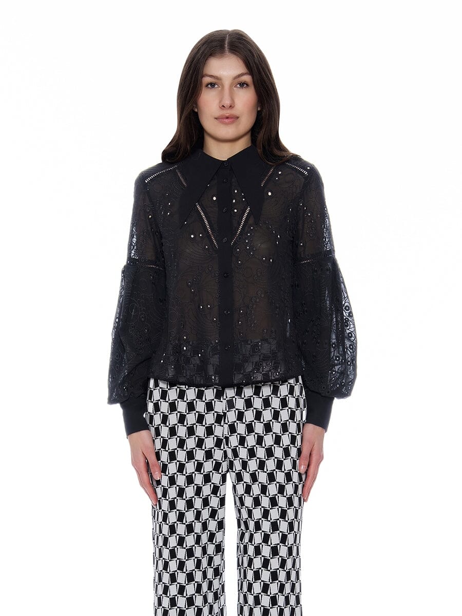 Long Sleeve Button Cuff Eyelet Collared Top TOP Gracia Fashion BLACK S 