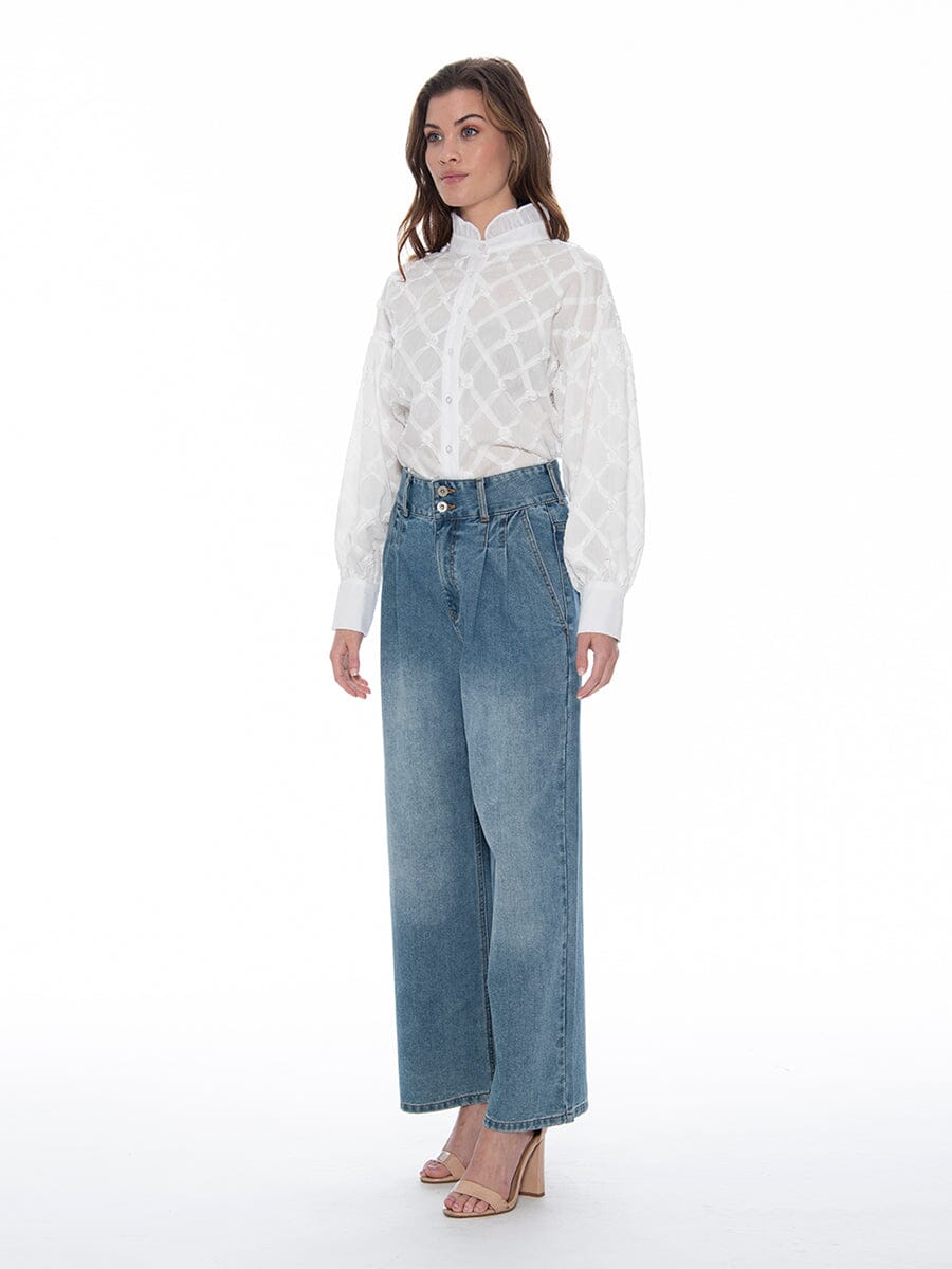 Long Sleeve Button-Cuff Ruffle Neck Top TOP Gracia Fashion 