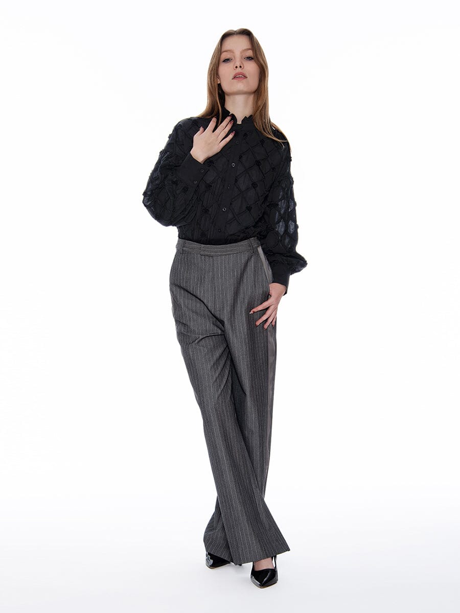 Long Sleeve Button-Cuff Ruffle Neck Top TOP Gracia Fashion BLACK S 