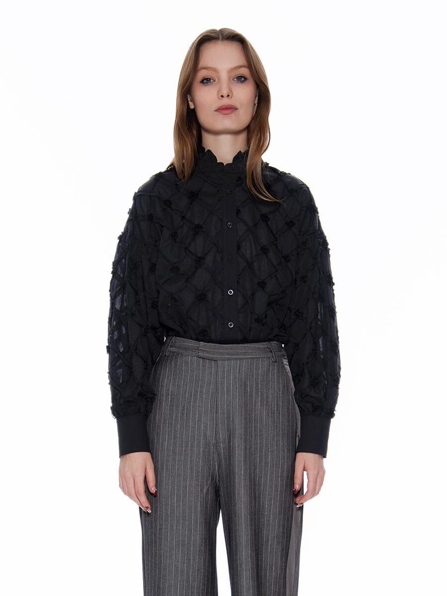 Long Sleeve Button-Cuff Ruffle Neck Top TOP Gracia Fashion BLACK S 