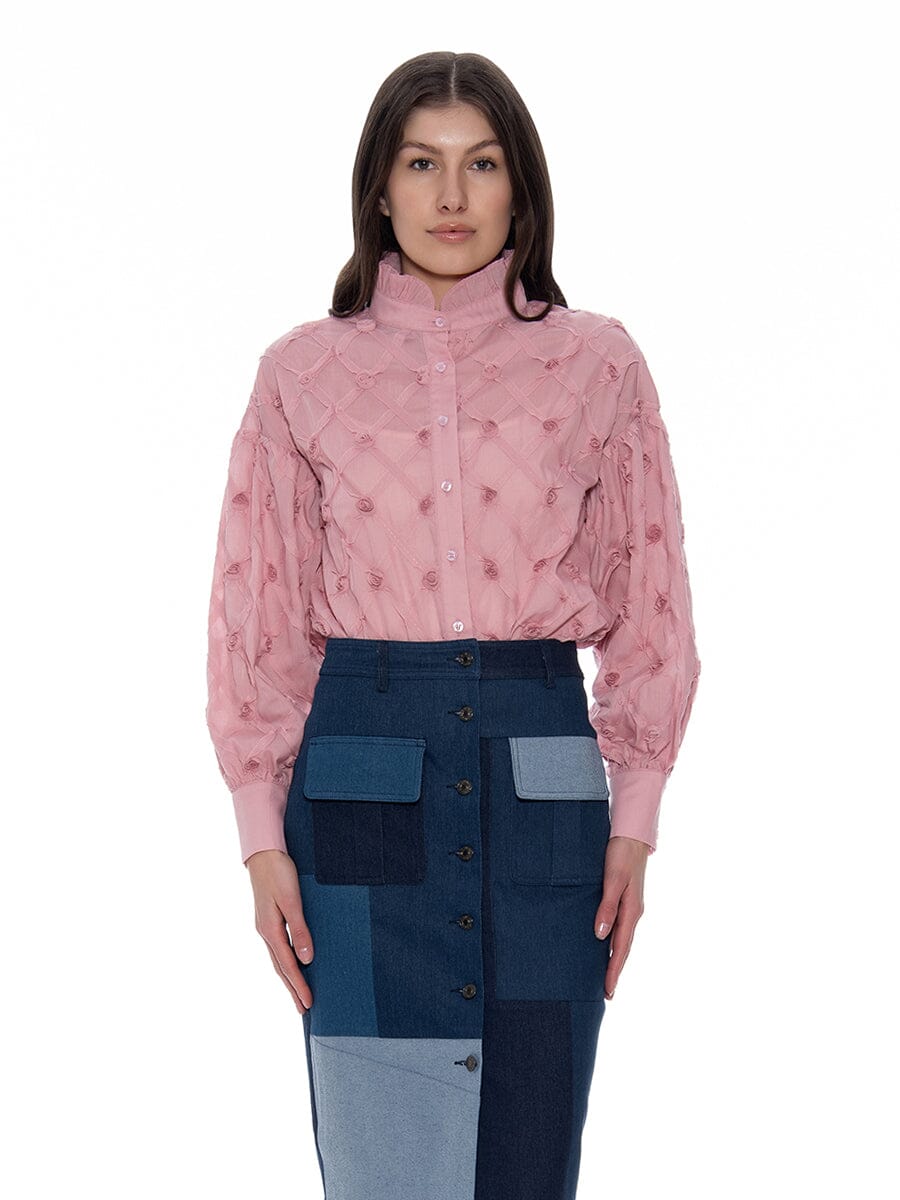 Long Sleeve Button-Cuff Ruffle Neck Top TOP Gracia Fashion PINK S 