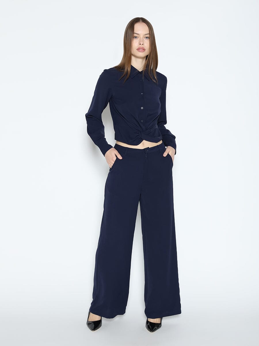 Long Sleeve Button Down Twist Front Shirt TOP Gracia Fashion NAVY S 
